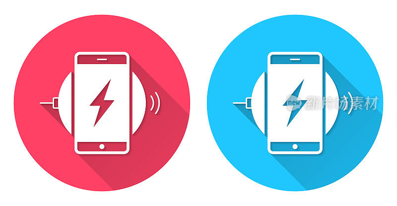 智能手机充电无线充电器。圆形图标与长阴影在红色或蓝色的背景