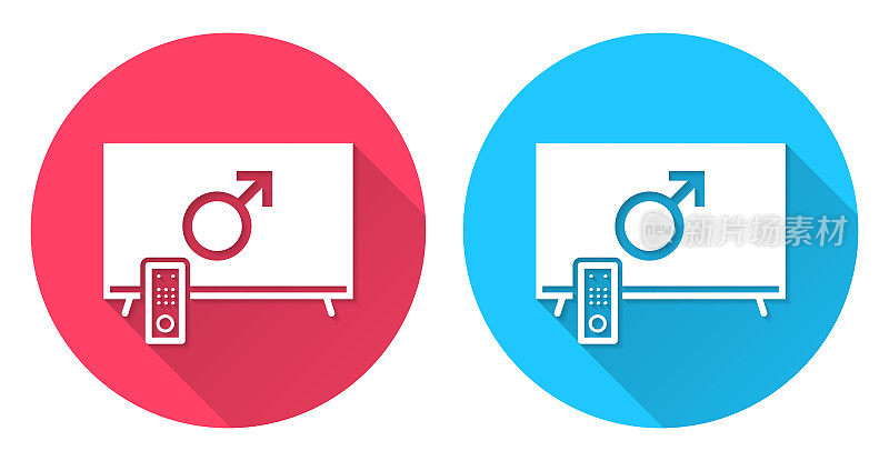 电视上有男性的象征。圆形图标与长阴影在红色或蓝色的背景