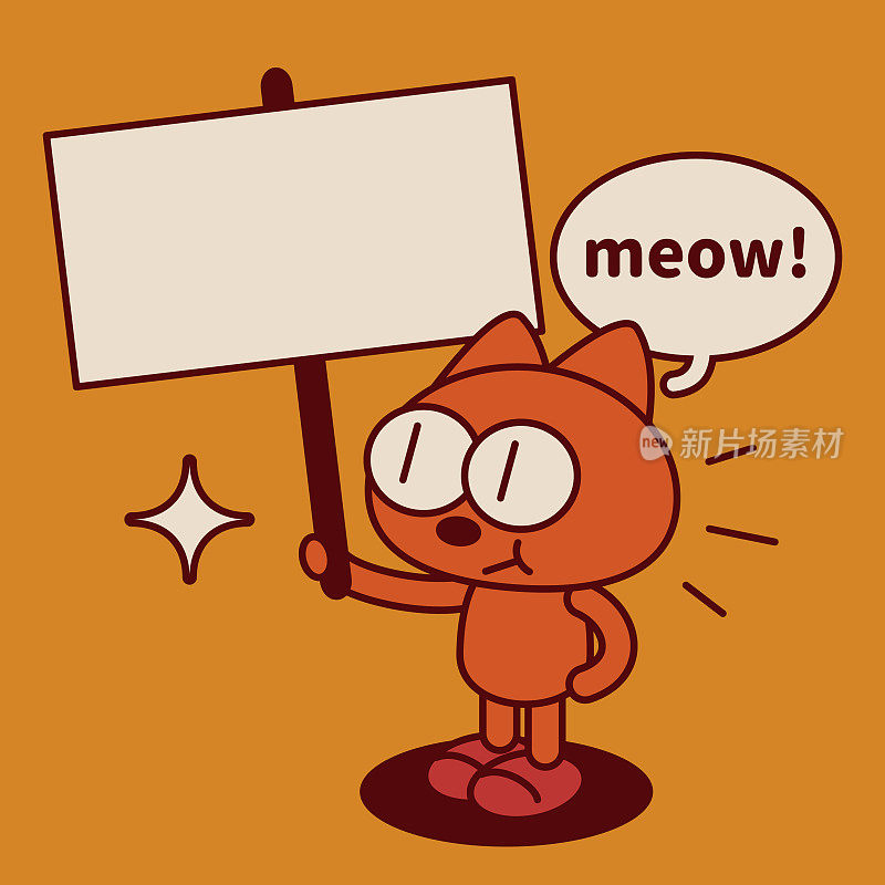 一只古怪而可爱的小猫拿着一个空白的牌子站着