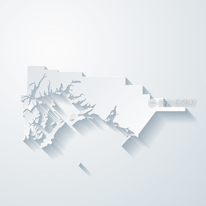 中心,阿拉斯加。地图与剪纸效果的空白背景