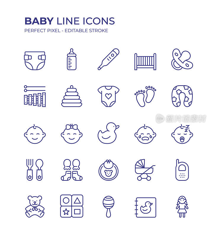 婴儿可编辑线条图标集包含安抚奶嘴,玩具,婴儿,尿布,新生儿,婴儿围兜,婴儿床等图标