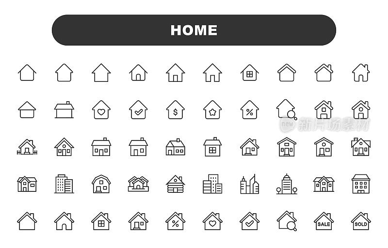 主页线图标。可编辑的中风。包含房屋，房地产，家庭，房地产代理，投资，住宅楼，城市，公寓，建筑，建筑等图标。