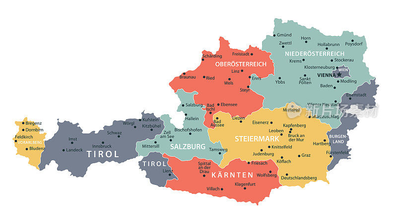 奥地利的地图。奥地利矢量彩色地图