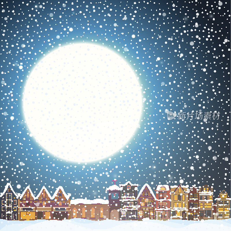 圣诞小屋在下雪的夜里。快乐的节日问候