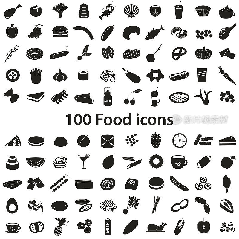 100种不同的食物和饮料黑色图标集