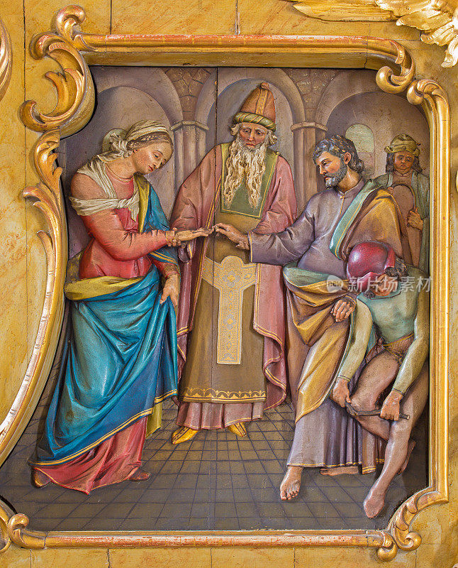 圣母玛利亚和圣约瑟夫的婚戒雕刻浮雕