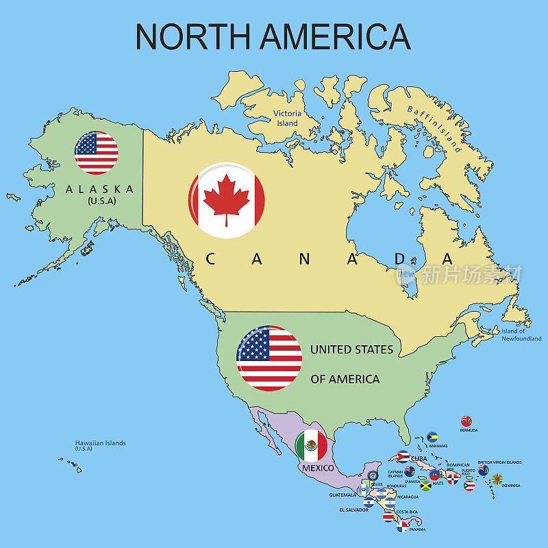 北美-地图上的旗帜