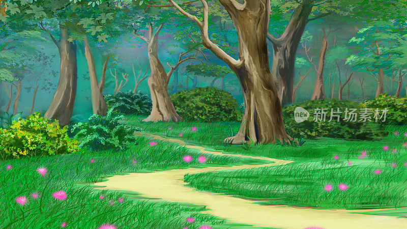 童话般的绿色夏日森林中的小径