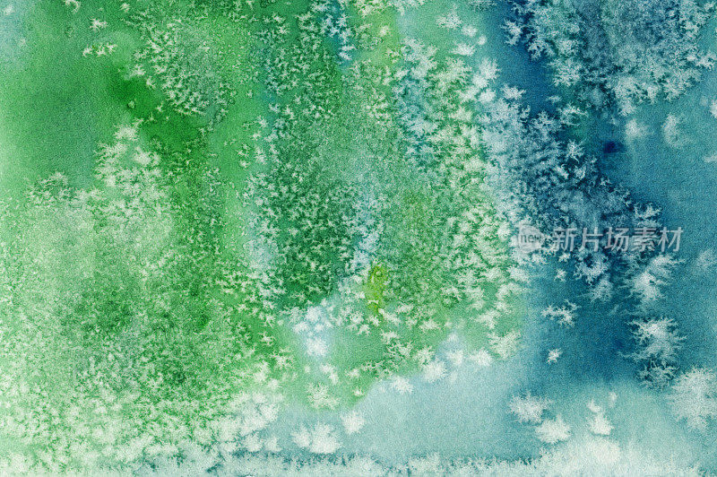蓝色和绿色抽象水彩背景与斑点