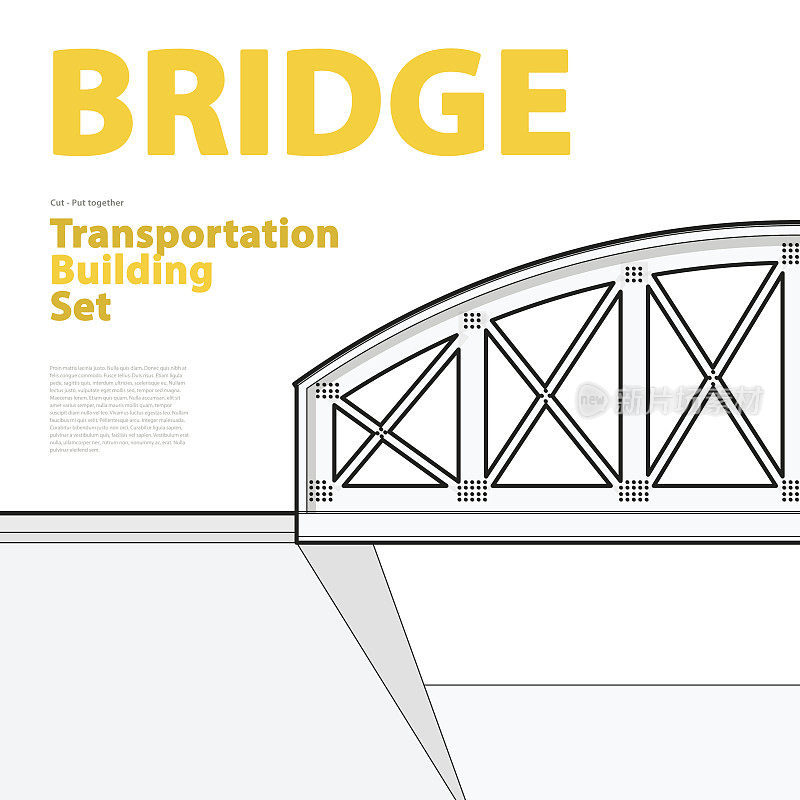 侧视图中矢量拱形火车桥的轮廓集，孤立在白色背景上。