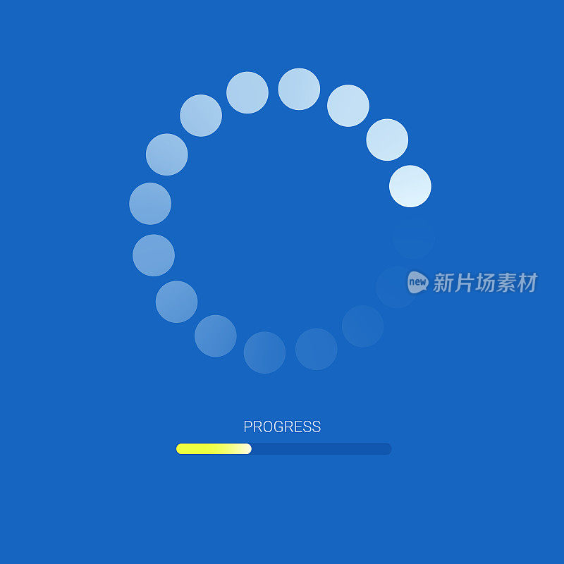 移动应用的加载条，网页预加载器的蓝色背景。黄色径向加载、更新或下载图进度条图标，最小扁平化设计