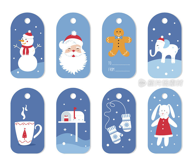 圣诞节和冬季假期礼物标签或标签与手套，圣诞老人和白象