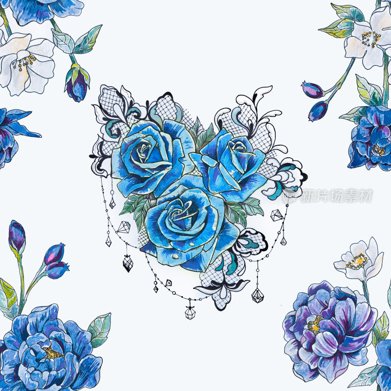 天衣无缝的蓝色玫瑰和牡丹在一个白色的背景。