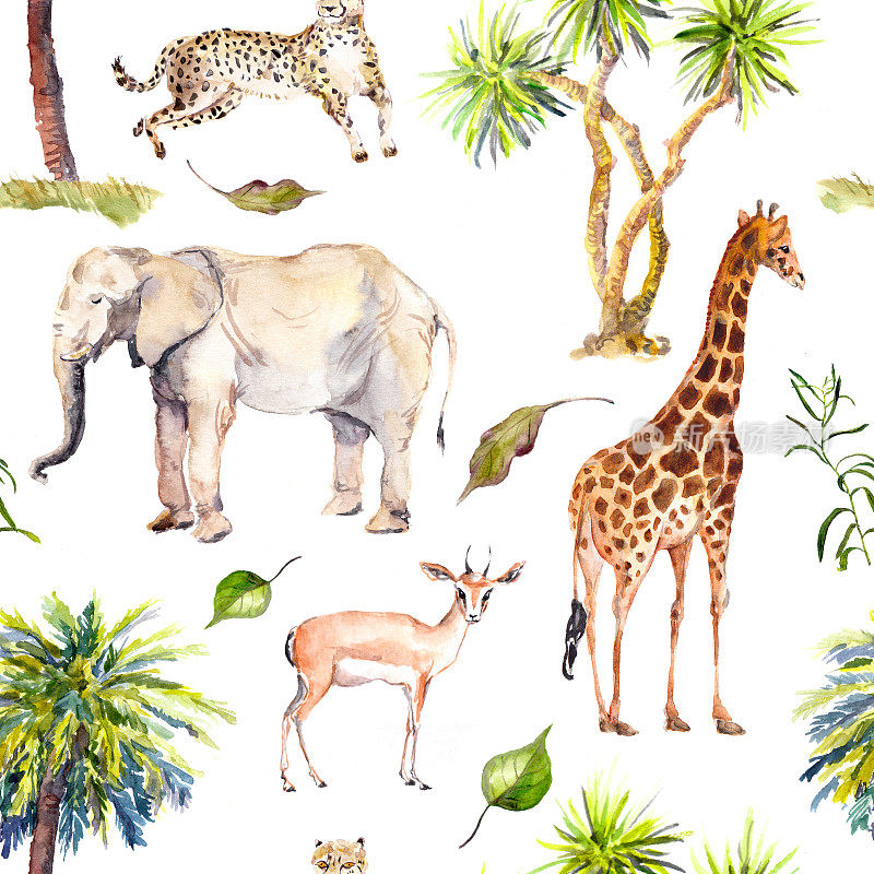 棕榈树和草原动物——长颈鹿，大象，猎豹，羚羊。动物园无缝模式。水彩