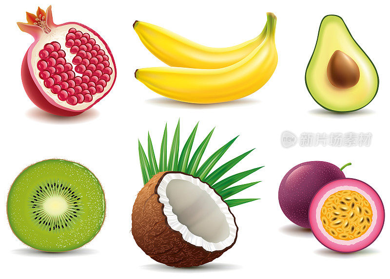 奇异水果-香蕉，石榴，椰子，猕猴桃，百香果