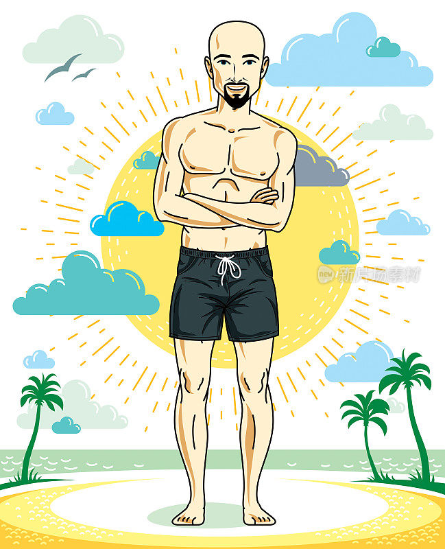 英俊的没有头发的年轻人，胡子和小胡子站在热带海滩上，穿着明亮的短裤。矢量运动男性插图。暑假生活方式主题卡通。
