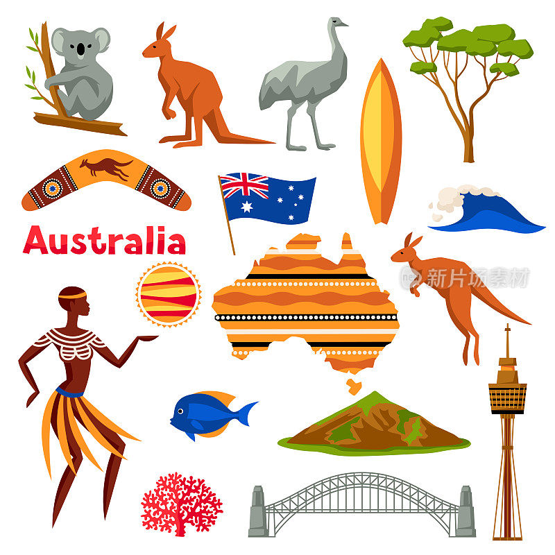 澳大利亚的图标集。澳大利亚传统符号和物品