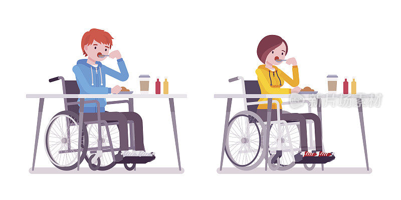 男性和女性年轻的轮椅使用者在桌子上吃饭