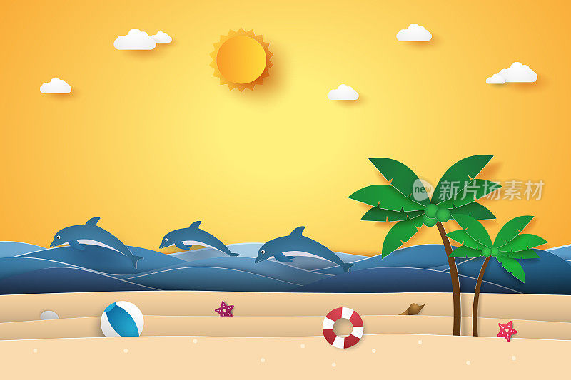 夏日时分，海面上有海豚、沙滩和椰子树，纸艺术风格
