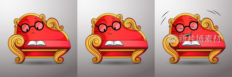 红色沙发看书。生活角色戴了眼镜的