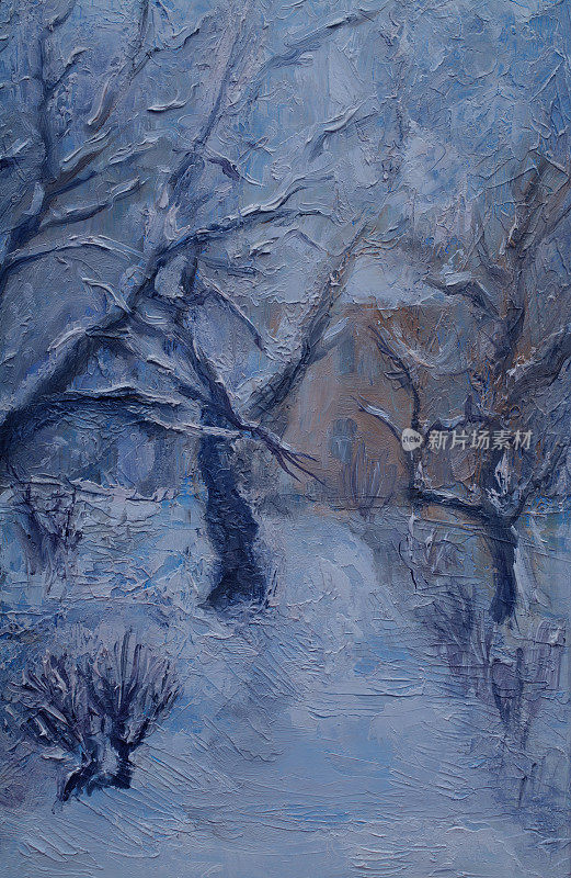 时尚的冬季插画艺术的原创作品我的现代油画在画布上画垂直景观白雪覆盖的树木和街道在晚上