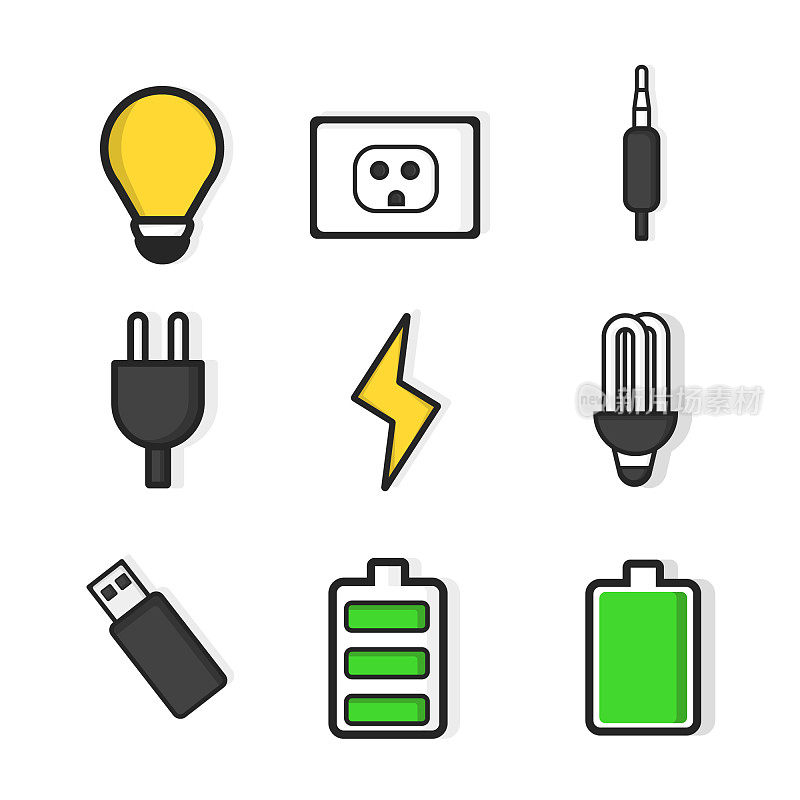 技术公用事业，电脑端口，插头，插座，灯，照明螺栓，电池图标设置