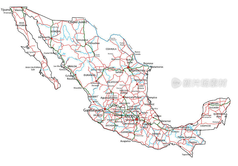 墨西哥公路和高速公路地图。矢量插图。