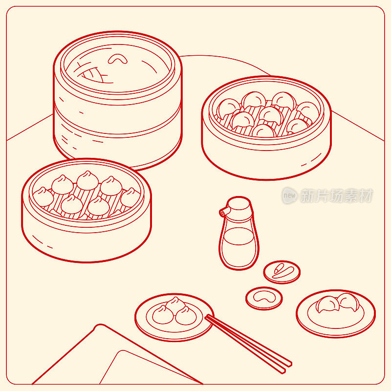 矢量等距线插图。广受欢迎的亚洲美食集点心。包括包子和饺子。