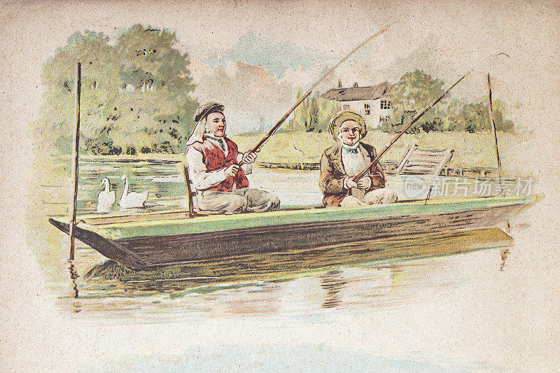 1900年，两名男子在河上与天使一起钓鱼