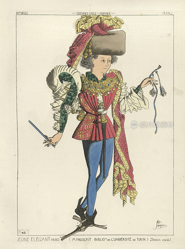 中世纪时尚，年轻人穿着紧身上衣，长筒袜，戴着大帽子