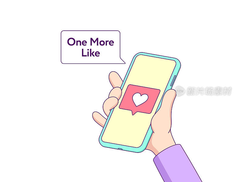 卡通手保持触屏手机，显示在显示心脏，新Like通知来自社交媒体网络