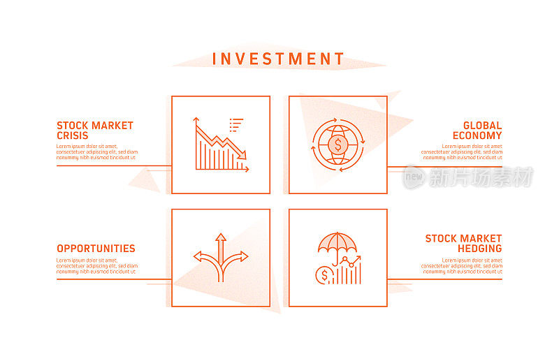 投资相关流程信息图模板。过程时间图。使用线性图标的工作流布局