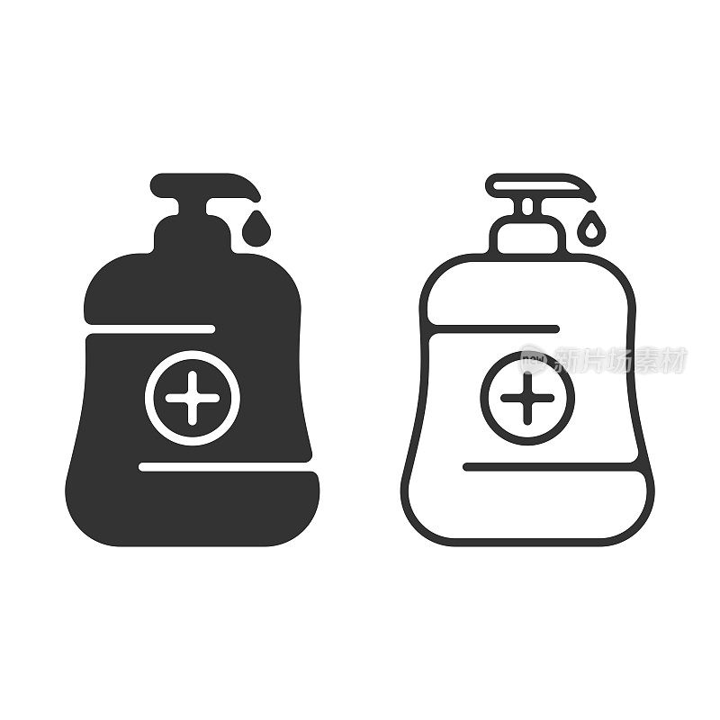 消毒剂，分配器和液体肥皂图标矢量设计在白色的背景。