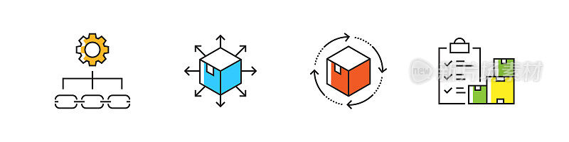 与采购流程相关的矢量线图标。大纲符号集合