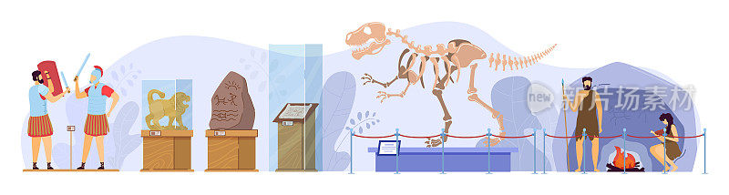 历史博物馆展览，考古文物，恐龙骨架和穴居人矢量插图
