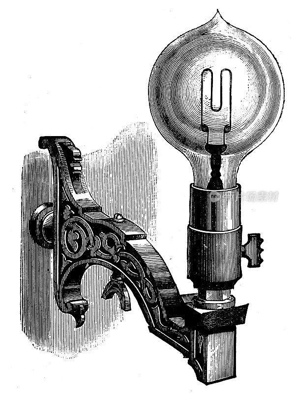 科学发现、实验和发明的古董插图:电灯