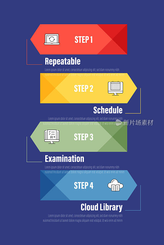 信息图设计模板。可重复，时间表，考试，云图书馆图标与4个选项或步骤。