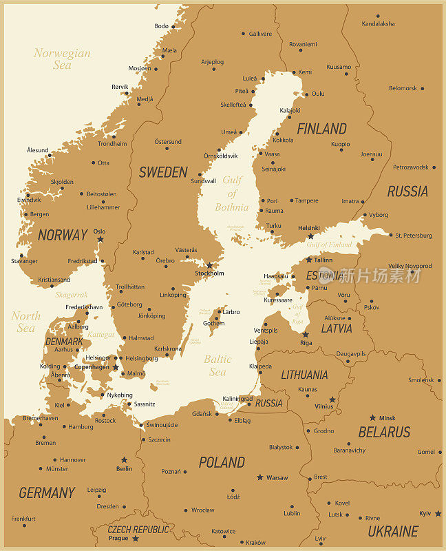 波罗的海地区地图。矢量金色插图与国家边界和首都城市
