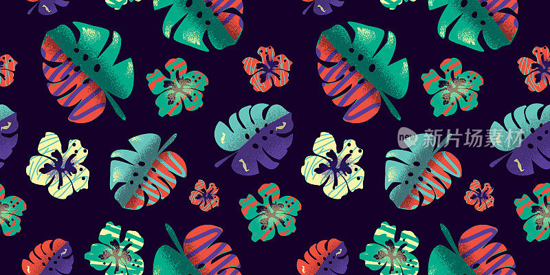 夏威夷提基花和热带树叶无缝图案背景设计