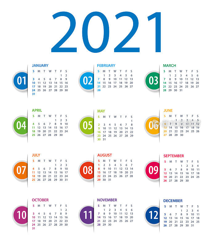 2021年日历模板。标记书签。星期从星期天开始