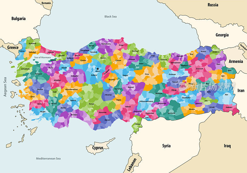 土耳其地区按省彩色矢量地图与邻国和领土