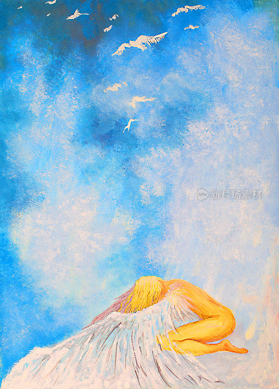 插图油画肖像的年轻女子与金色长发的形式的守护天使与翅膀保护她的孩子在阳光和晴朗的天空的背景