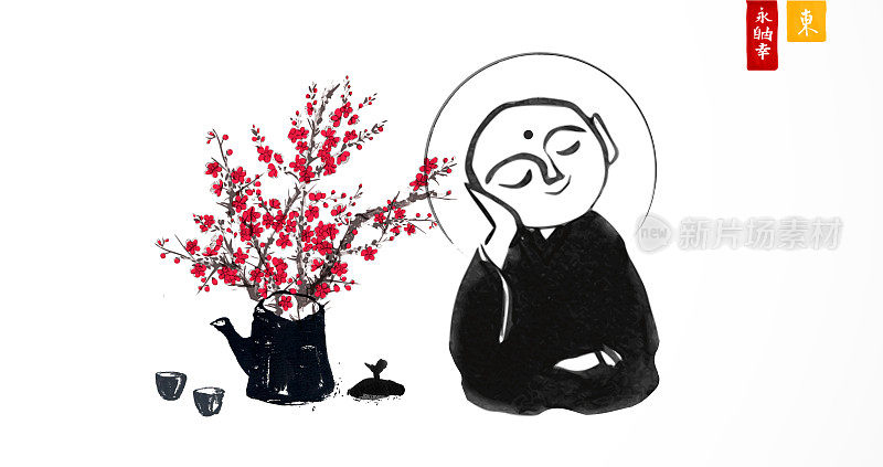 日本菩萨知藏和樱花盛开。传统的日本水墨画佛糜璧。象形文字-象形文字-永恒，自由，幸福，东方