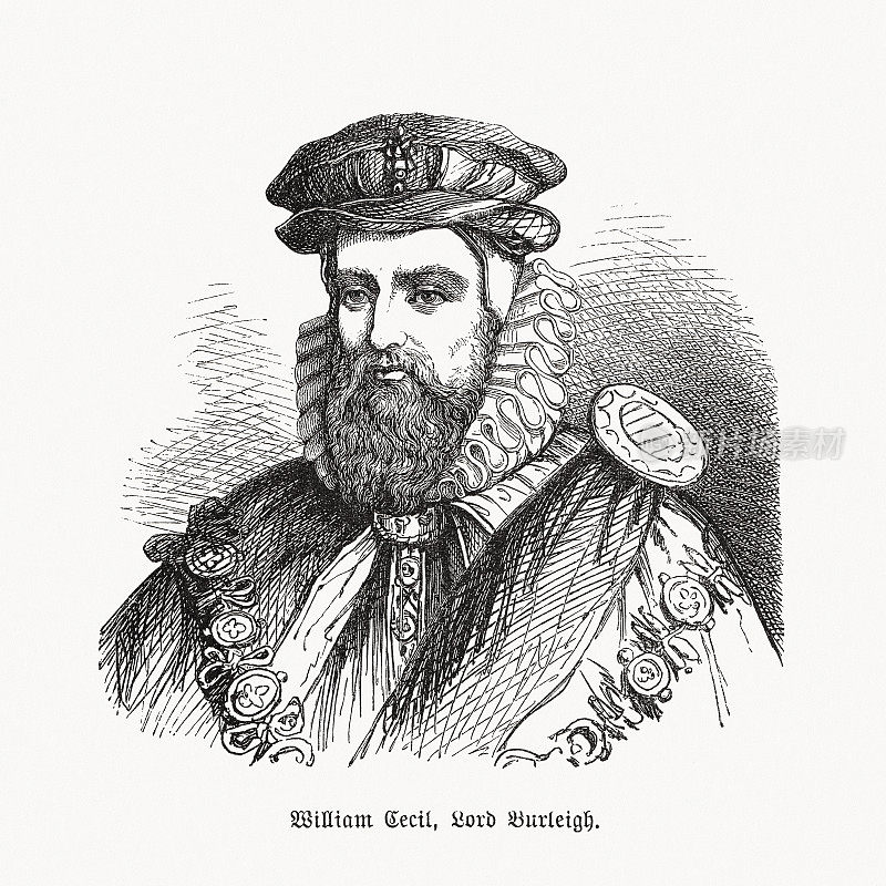 威廉・塞西尔，伯利男爵一世(1520-1598)，英国政治家，木刻，1893年