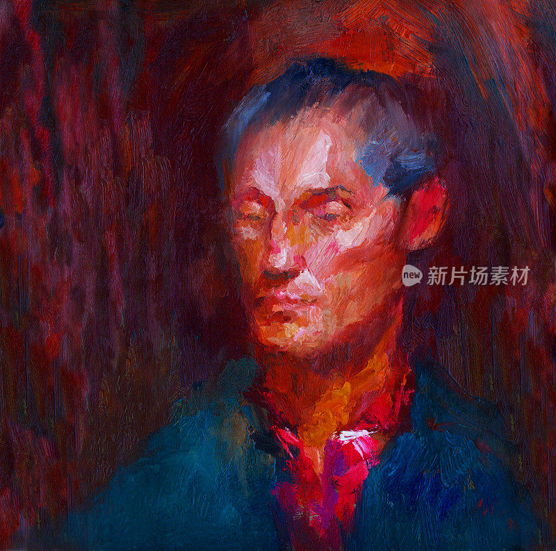 插图油画肖像灰色头发的男子在一个黑暗的傍晚身穿红色衬衫