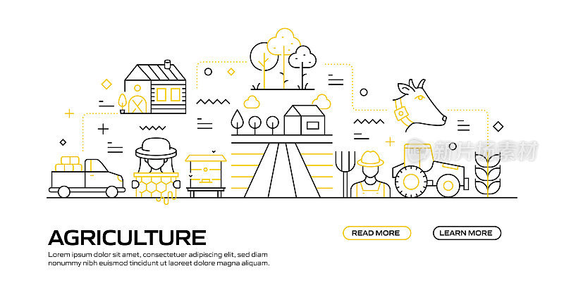 农业和农业相关的现代线条风格矢量插图