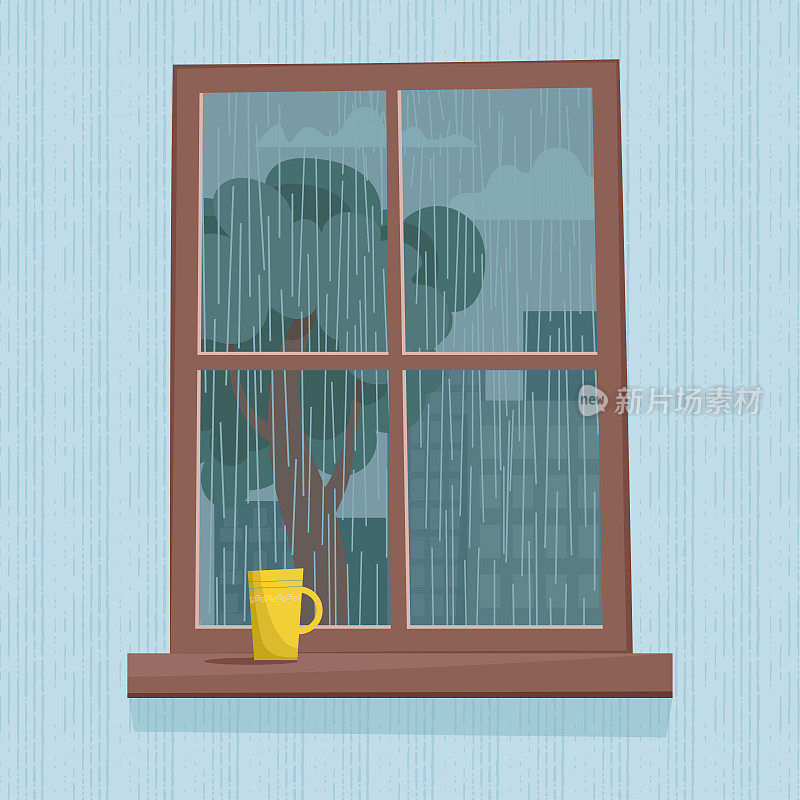 窗外下雨了。可爱的矢量插图在平面风格