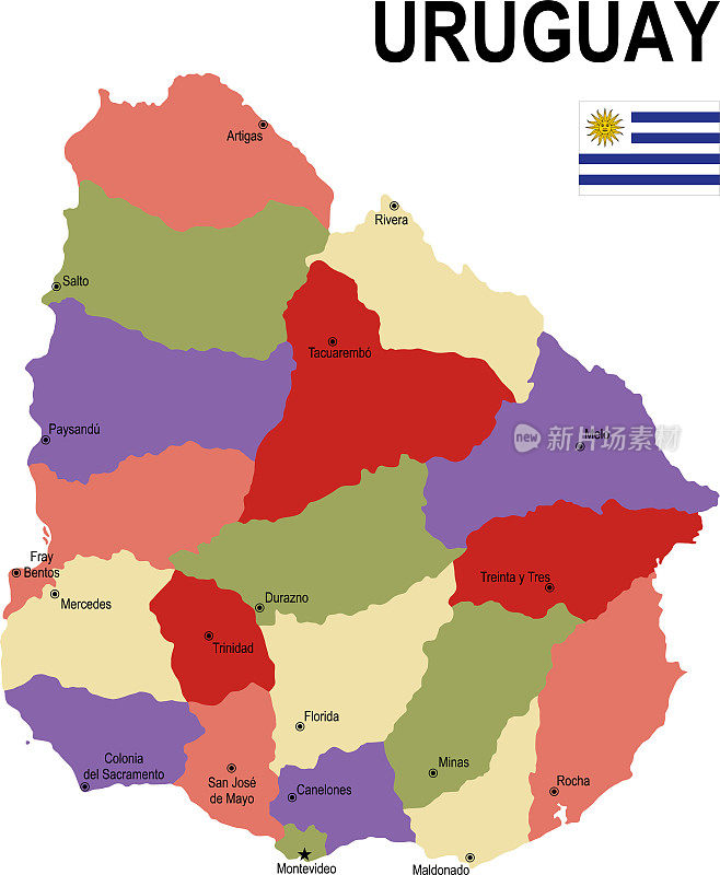 乌拉圭彩色平面地图与旗帜