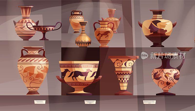 博物馆内部有古董希腊花瓶，古代传统的陶罐或葡萄酒壶。画廊与展览。卡通矢量图