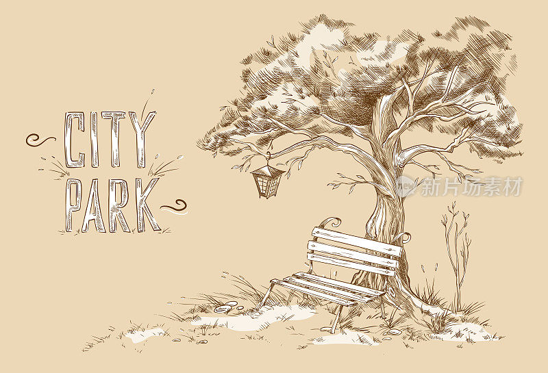 可爱的长椅与灯笼在公园或花园冠树下矢量插图